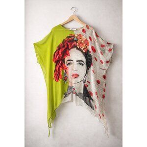 Sterling Styles Frida Kahlo Art Statement Blouse Asymmetrical Sheer Batwing